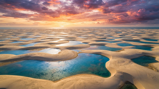 Dunas e lagoas ao pôr do sol